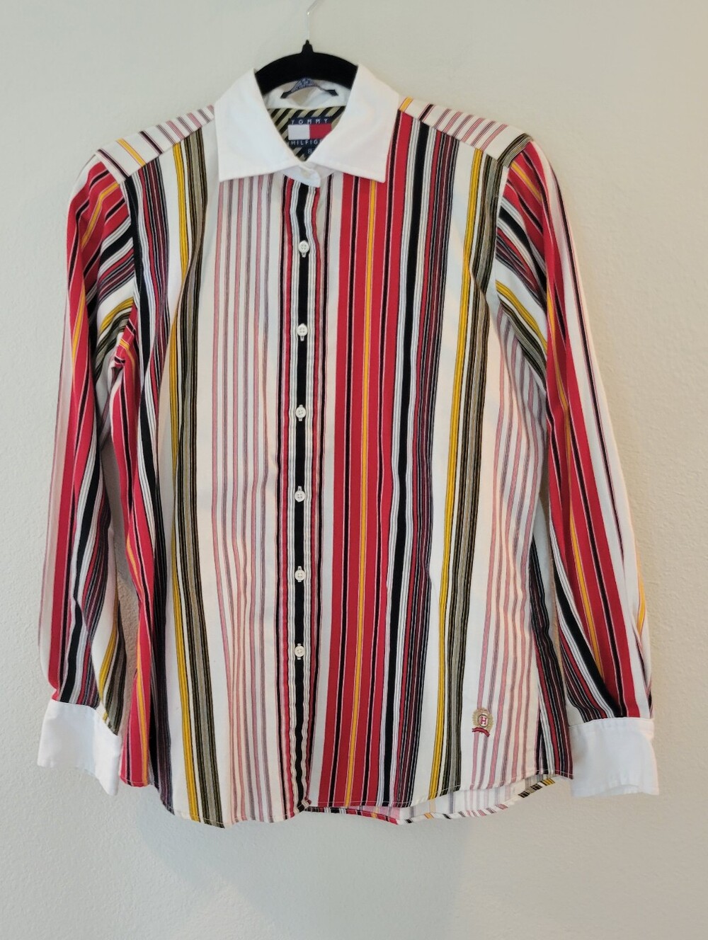 Tommy Hilfiger Red Multi Colored Striped Long Sleeve Shirt White Collar/Cuffs 8.